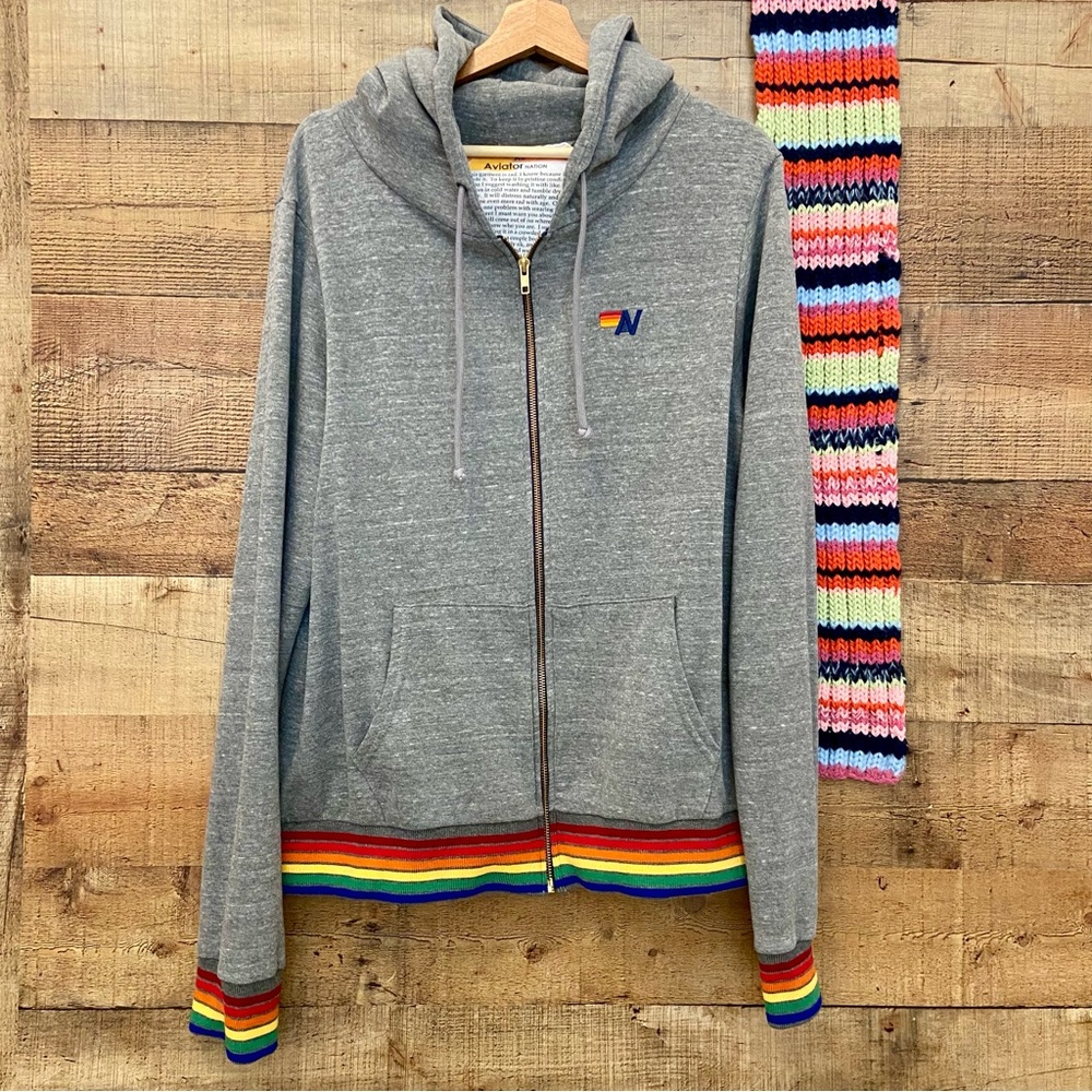 Aviator Nation Gray Hoodie Zip Up JACKET with Rainbow Accents UNISEX - Picture 2 of 13